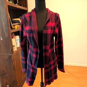 Plaid Cardigan W/ Hoodie